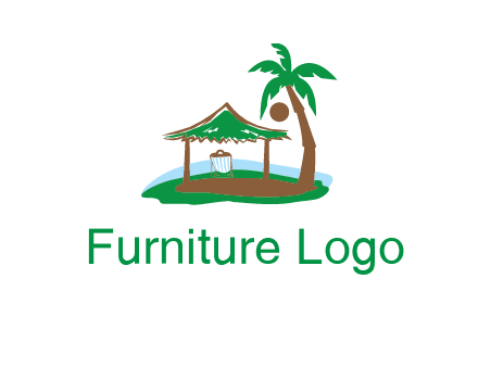 lounger under tent and palm tree on island travel logo icon