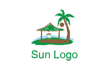 lounger under tent and palm tree on island travel logo icon