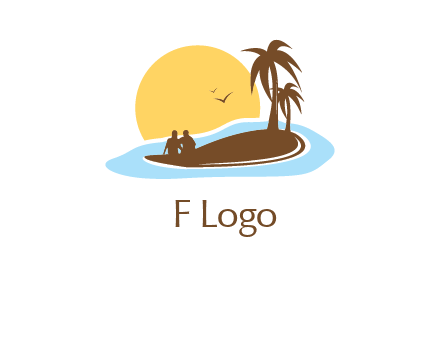 sun behind couple on island and palm trees travel logo