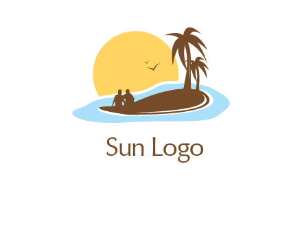 sun behind couple on island and palm trees travel logo