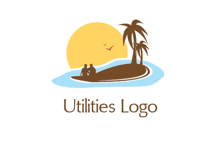 sun behind couple on island and palm trees travel logo