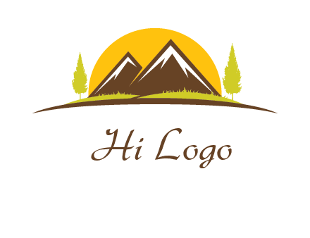 mountains with trees and sun travel logo