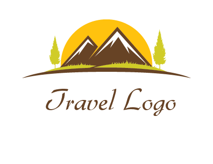 mountains with trees and sun travel logo