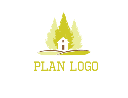 pine trees and house on hill logo