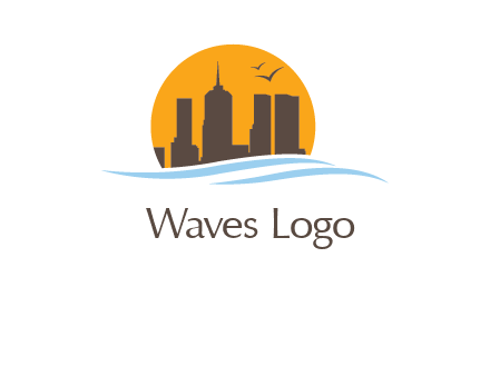 waves along skyscrapers inside circle logo