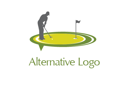 man playing golf on turf with flag logo