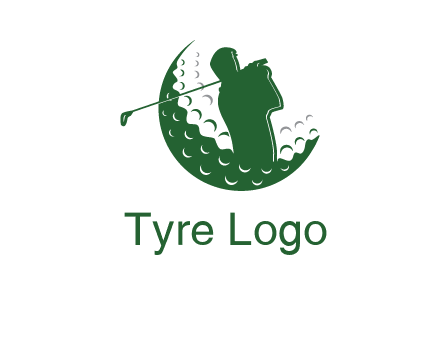 man swinging club in golf ball sports logo