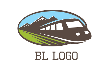 mountains and bullet train in oval illustration logo