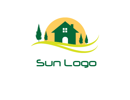 sun behind trees and house logo