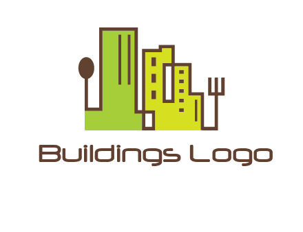 upright fork spoon and buildings catering logo