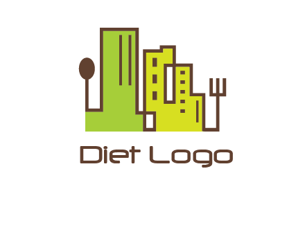 upright fork spoon and buildings catering logo