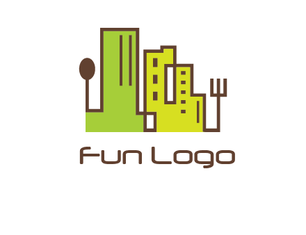 upright fork spoon and buildings catering logo