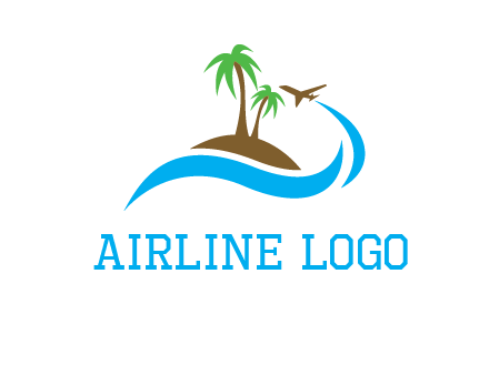 palm trees on island and airplane travel logo