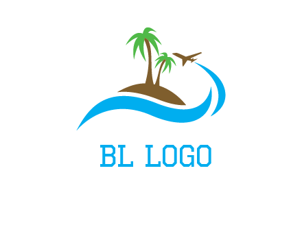 palm trees on island and airplane travel logo