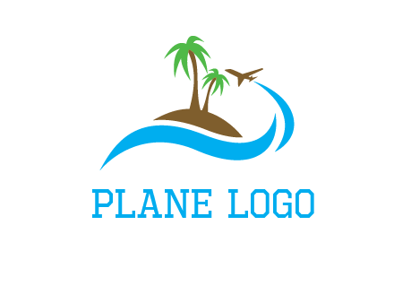 palm trees on island and airplane travel logo