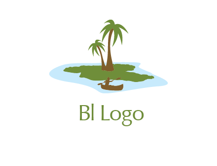 man rowing canoe to palm trees island illustration