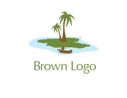 man rowing canoe to palm trees island illustration