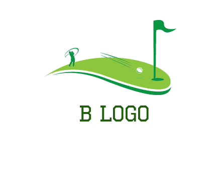 man standing on turf swinging golf club hits ball into hole illustration