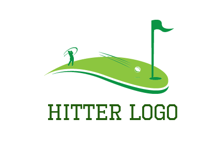 man standing on turf swinging golf club hits ball into hole illustration