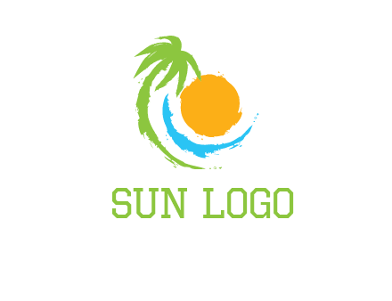 palm tree and wave curving around the sun logo