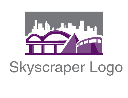 city skyline logo with skyscrapers, a pyramid and rail road bridge