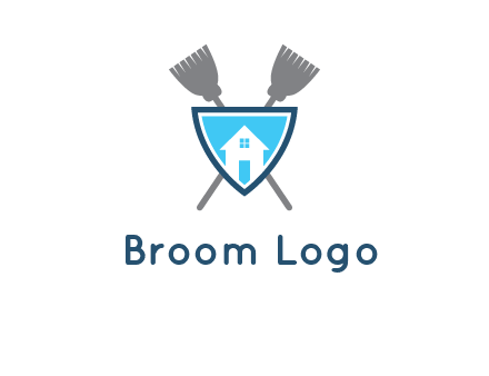 crossed brooms behind a shield with a home icon