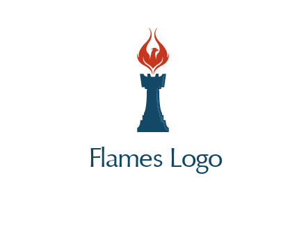 chess rook with phoenix flames logo