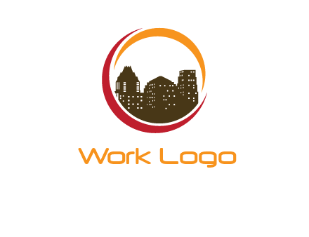 buildings inside a circular logo