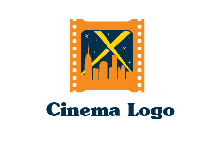 city skyline inside the film reel with spot lights logo