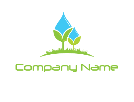 water drop merge with plant over grass logo