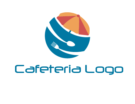 beach umbrella, fork and spoon in a circle logo