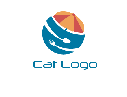 beach umbrella, fork and spoon in a circle logo