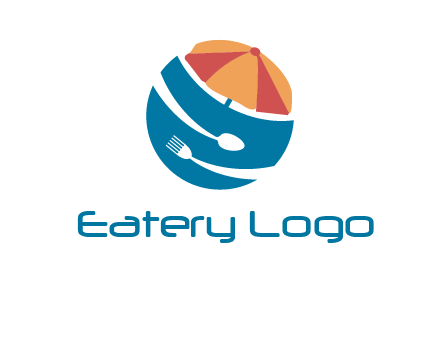 beach umbrella, fork and spoon in a circle logo