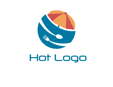 beach umbrella, fork and spoon in a circle logo