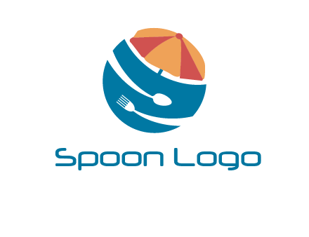 beach umbrella, fork and spoon in a circle logo