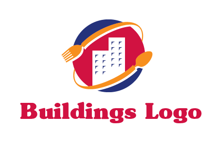 fork spoon and building in circle logo