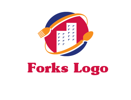 fork spoon and building in circle logo