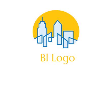 city buildings with sun behind logo